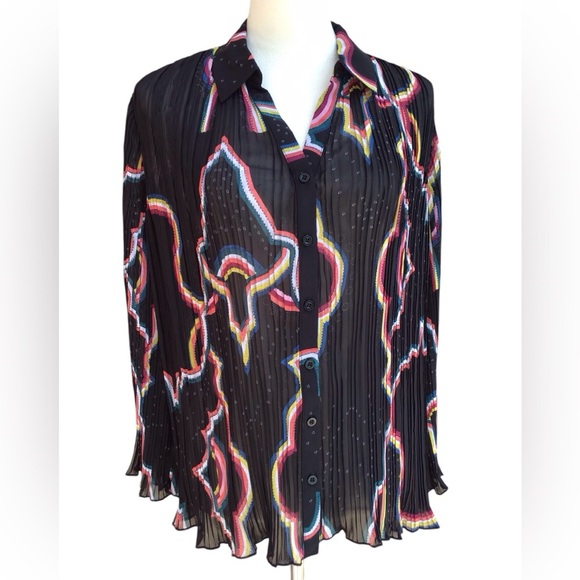 Catherine Malandrino Retro Black Crinkle Button-Down Long Sleeve Blouse … - Picture 4 of 14